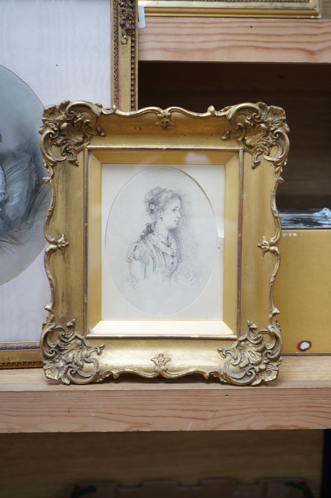 Mid 19th century, Portrait of a seated lady, indistinctly signed Edmund ...? and dated 1858, together with a similar pencil study, indistinctly monogrammed and dated 1898, watercolour heightened with white, oval, largest